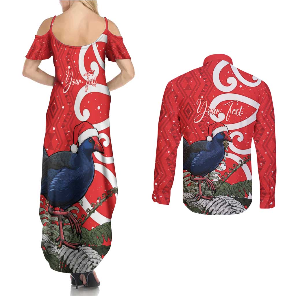 Personalized New Zealand Pukeko Christmas Couples Matching Summer Maxi Dress and Long Sleeve Button Shirt Meri Kirihimete Taniko Ponga Koru Red - Polynesian Pride