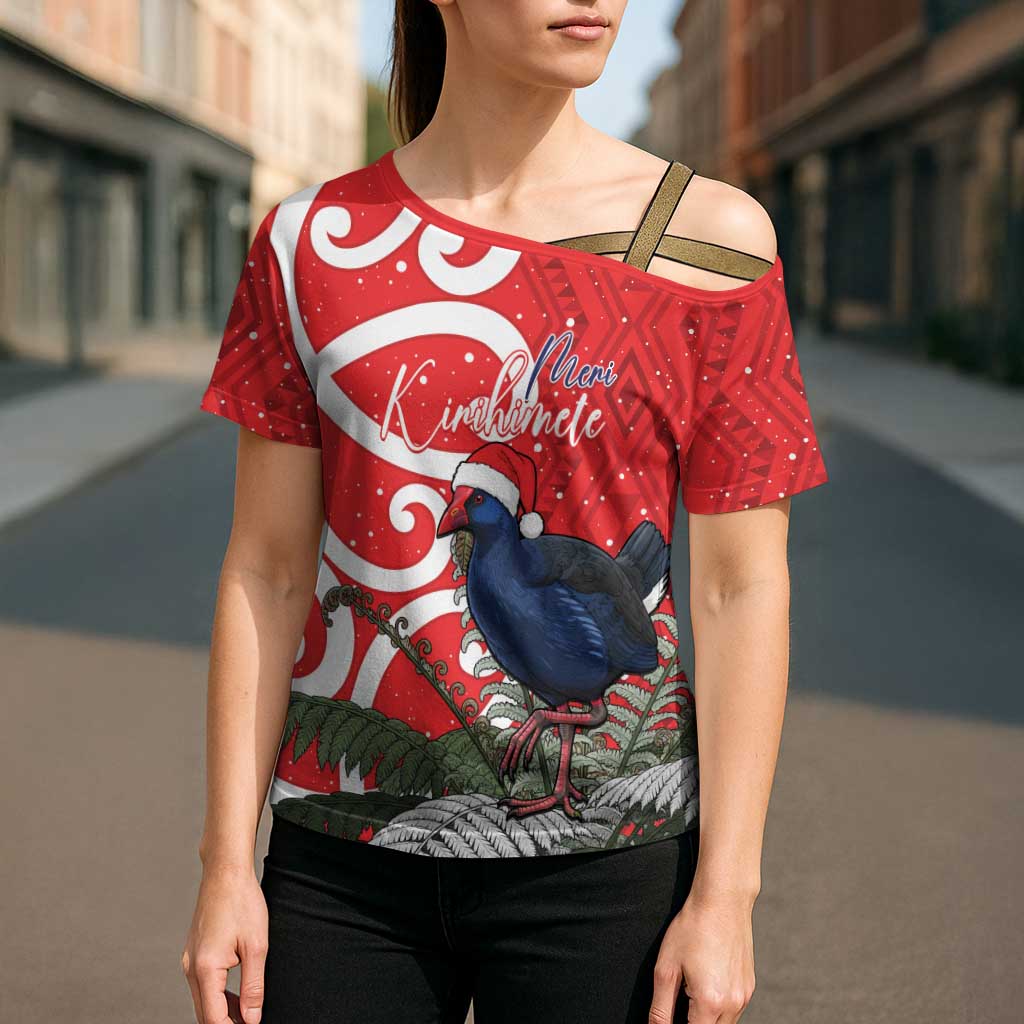 Personalized New Zealand Pukeko Christmas Cross Shoulder Shirt Meri Kirihimete Taniko Ponga Koru Red - Polynesian Pride