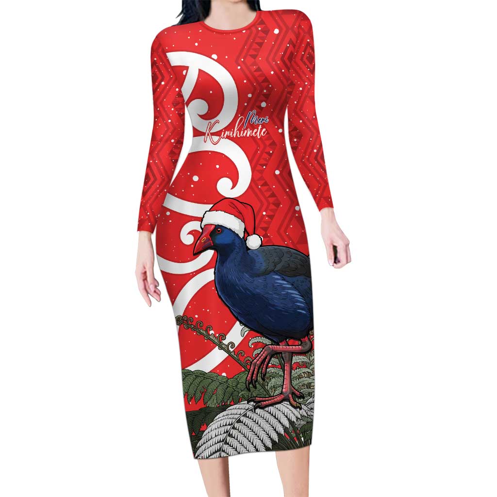 Personalized New Zealand Pukeko Christmas Family Matching Long Sleeve Bodycon Dress and Hawaiian Shirt Meri Kirihimete Taniko Ponga Koru Red - Polynesian Pride