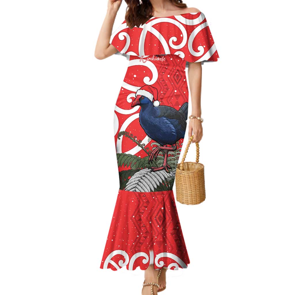 Personalized New Zealand Pukeko Christmas Family Matching Mermaid Dress and Hawaiian Shirt Meri Kirihimete Taniko Ponga Koru Red - Polynesian Pride