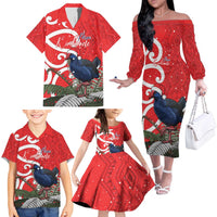 Personalized New Zealand Pukeko Christmas Family Matching Off The Shoulder Long Sleeve Dress and Hawaiian Shirt Meri Kirihimete Taniko Ponga Koru Red - Polynesian Pride