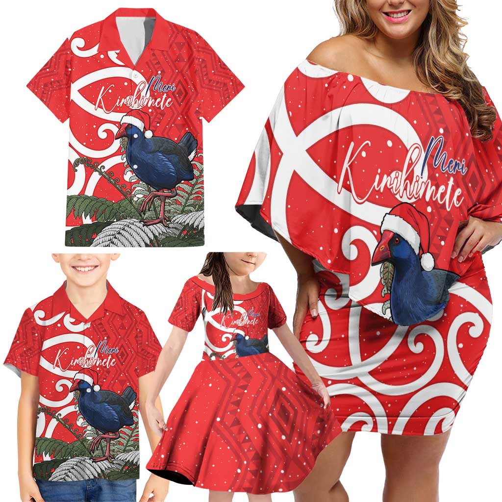 Personalized New Zealand Pukeko Christmas Family Matching Off Shoulder Short Dress and Hawaiian Shirt Meri Kirihimete Taniko Ponga Koru Red - Polynesian Pride