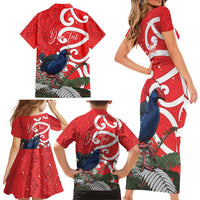 Personalized New Zealand Pukeko Christmas Family Matching Short Sleeve Bodycon Dress and Hawaiian Shirt Meri Kirihimete Taniko Ponga Koru Red - Polynesian Pride
