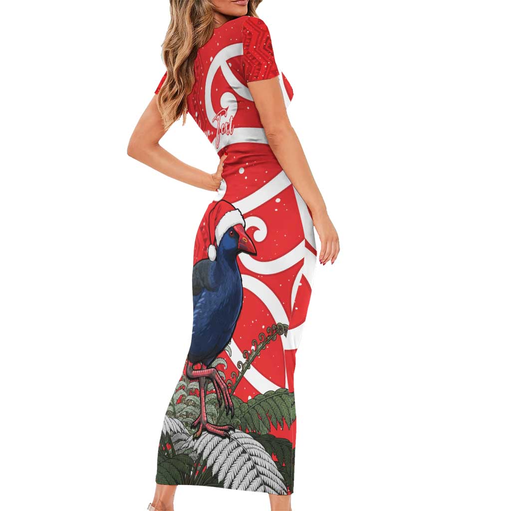 Personalized New Zealand Pukeko Christmas Family Matching Short Sleeve Bodycon Dress and Hawaiian Shirt Meri Kirihimete Taniko Ponga Koru Red - Polynesian Pride