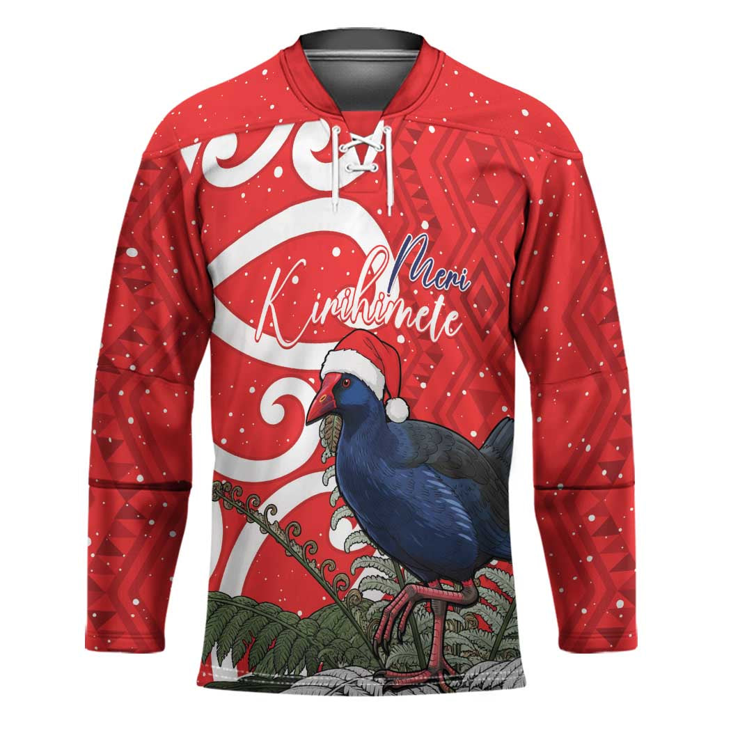 Personalized New Zealand Pukeko Christmas Hockey Jersey Meri Kirihimete Taniko Ponga Koru Red - Polynesian Pride