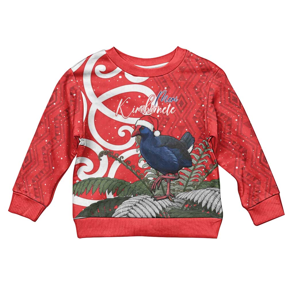 Personalized New Zealand Pukeko Christmas Kid Ugly Christmas Sweater Meri Kirihimete Taniko Ponga Koru Red - Polynesian Pride