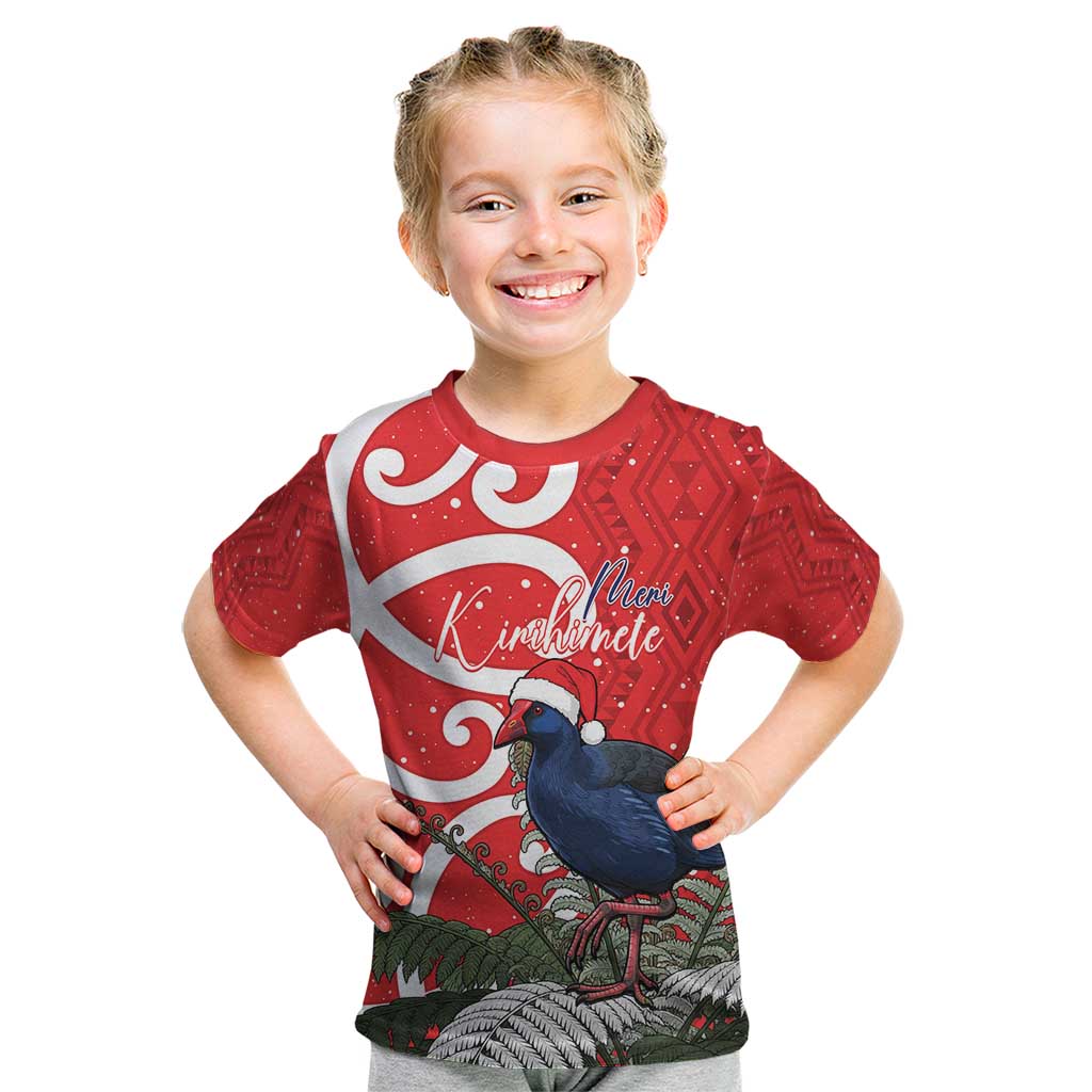 Personalized New Zealand Pukeko Christmas Kid T Shirt Meri Kirihimete Taniko Ponga Koru Red - Polynesian Pride