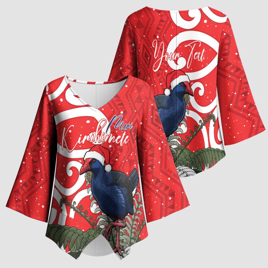 Personalized New Zealand Pukeko Christmas Kimono Sleeve Blouse Meri Kirihimete Taniko Ponga Koru Red - Polynesian Pride