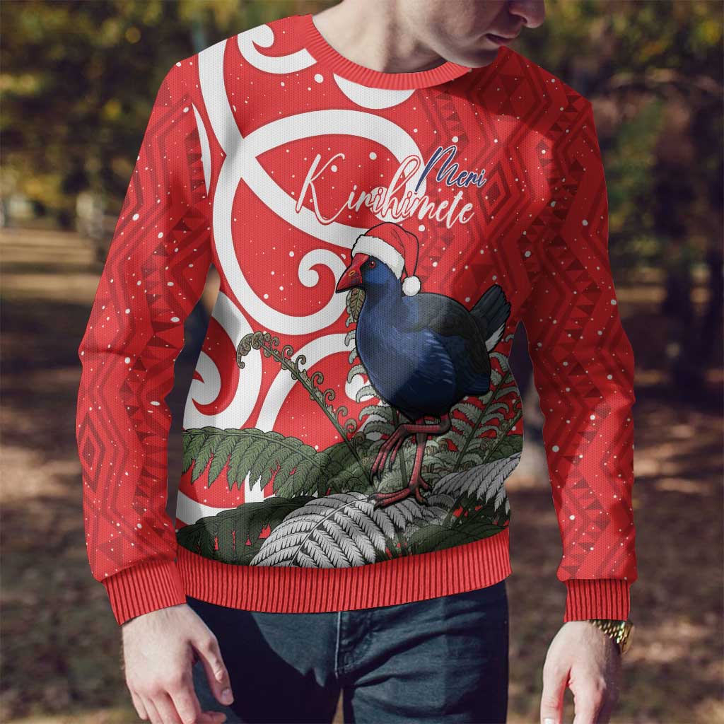 Personalized New Zealand Pukeko Christmas Ugly Christmas Sweater Meri Kirihimete Taniko Ponga Koru Red - Polynesian Pride