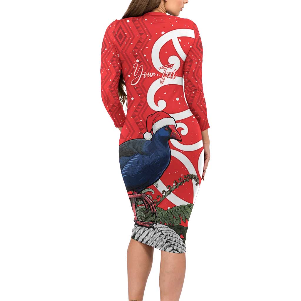 Personalized New Zealand Pukeko Christmas Long Sleeve Bodycon Dress Meri Kirihimete Taniko Ponga Koru Red - Polynesian Pride
