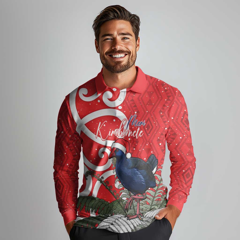 Personalized New Zealand Pukeko Christmas Long Sleeve Polo Shirt Meri Kirihimete Taniko Ponga Koru Red - Polynesian Pride