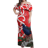 Personalized New Zealand Pukeko Christmas Off Shoulder Maxi Dress Meri Kirihimete Taniko Ponga Koru Red - Polynesian Pride