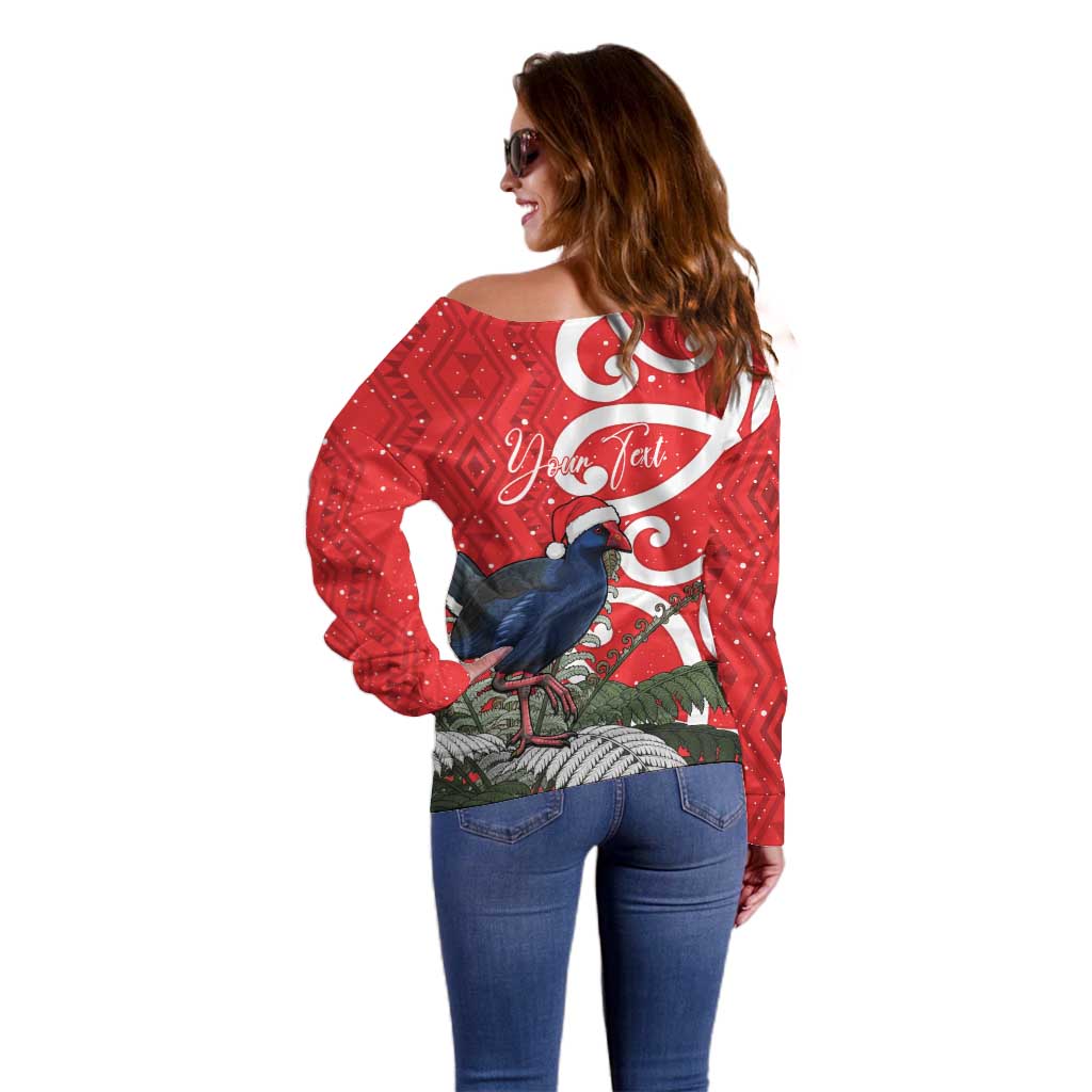 Personalized New Zealand Pukeko Christmas Off Shoulder Sweater Meri Kirihimete Taniko Ponga Koru Red - Polynesian Pride