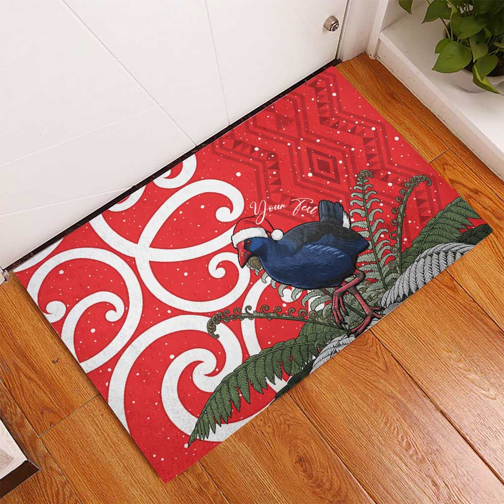 Personalized New Zealand Pukeko Christmas Rubber Doormat Meri Kirihimete Taniko Ponga Koru Red - Polynesian Pride