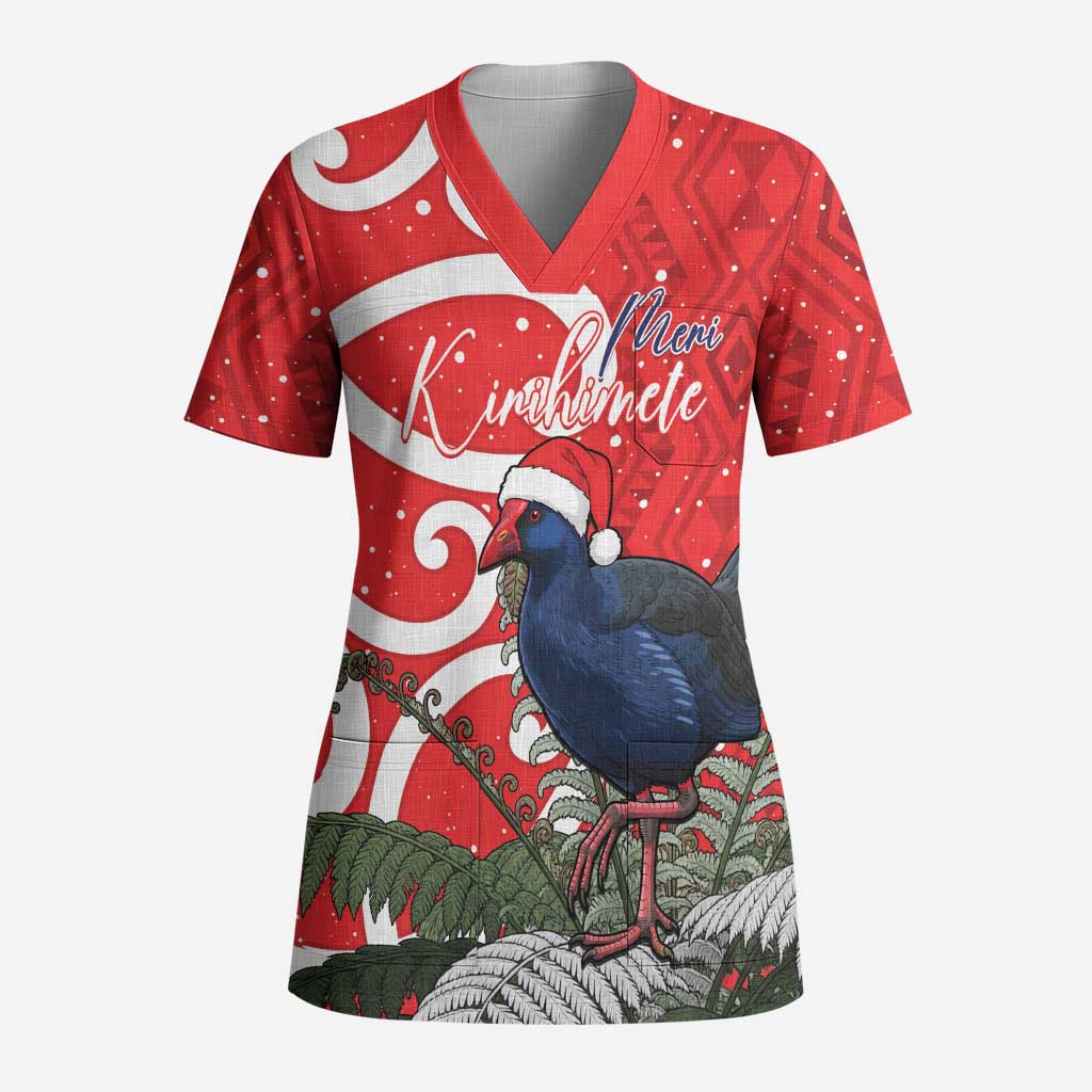 Personalized New Zealand Pukeko Christmas Scrub Top Meri Kirihimete Taniko Ponga Koru Red - Polynesian Pride
