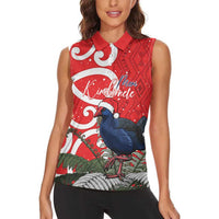 Personalized New Zealand Pukeko Christmas Women Sleeveless Polo Shirt Meri Kirihimete Taniko Ponga Koru Red - Polynesian Pride