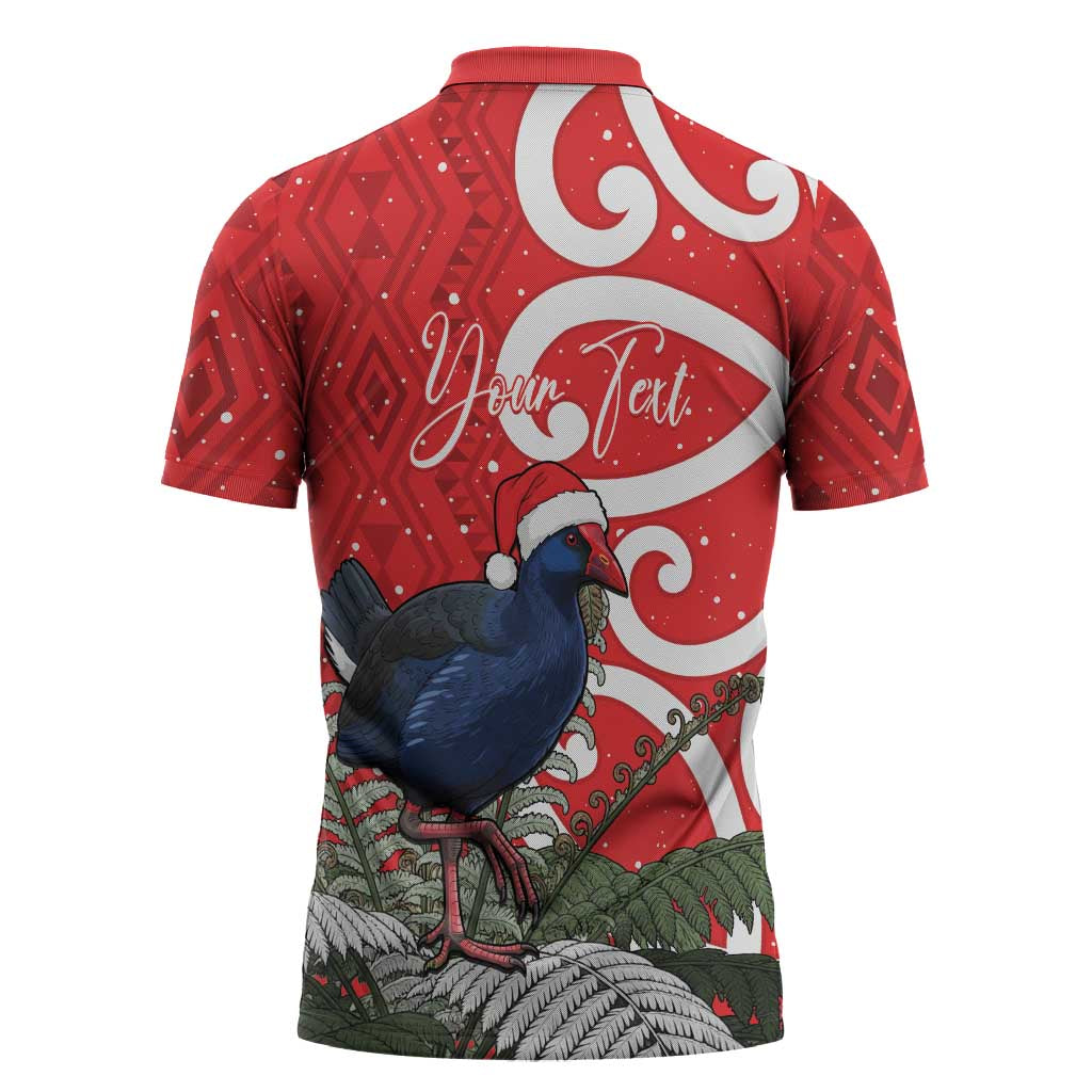 Personalized New Zealand Pukeko Christmas Zipper Polo Shirt Meri Kirihimete Taniko Ponga Koru Red - Polynesian Pride