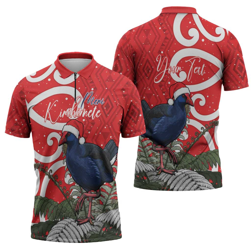 Personalized New Zealand Pukeko Christmas Zipper Polo Shirt Meri Kirihimete Taniko Ponga Koru Red - Polynesian Pride