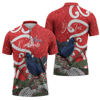 Personalized New Zealand Pukeko Christmas Zipper Polo Shirt Meri Kirihimete Taniko Ponga Koru Red - Polynesian Pride