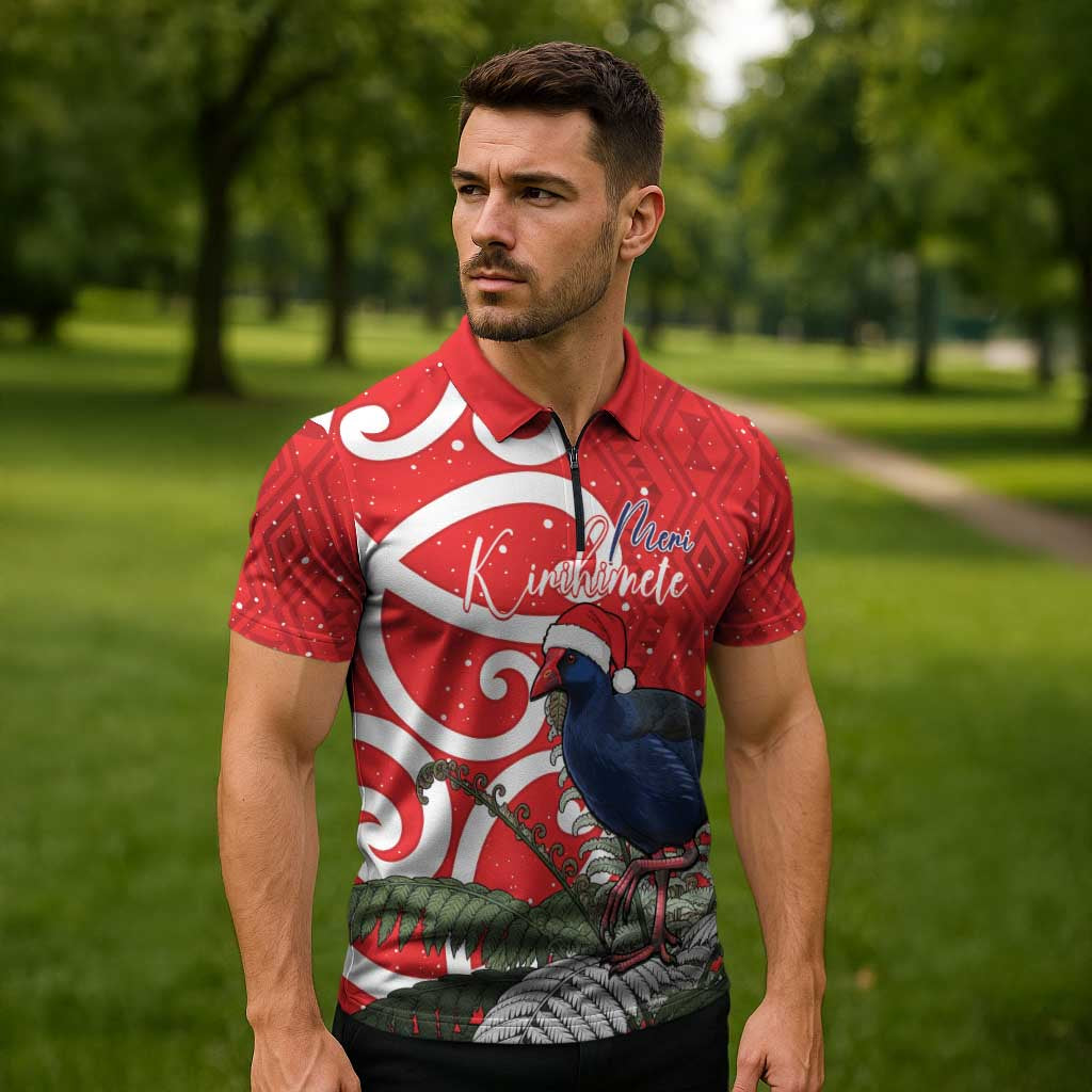 Personalized New Zealand Pukeko Christmas Zipper Polo Shirt Meri Kirihimete Taniko Ponga Koru Red - Polynesian Pride