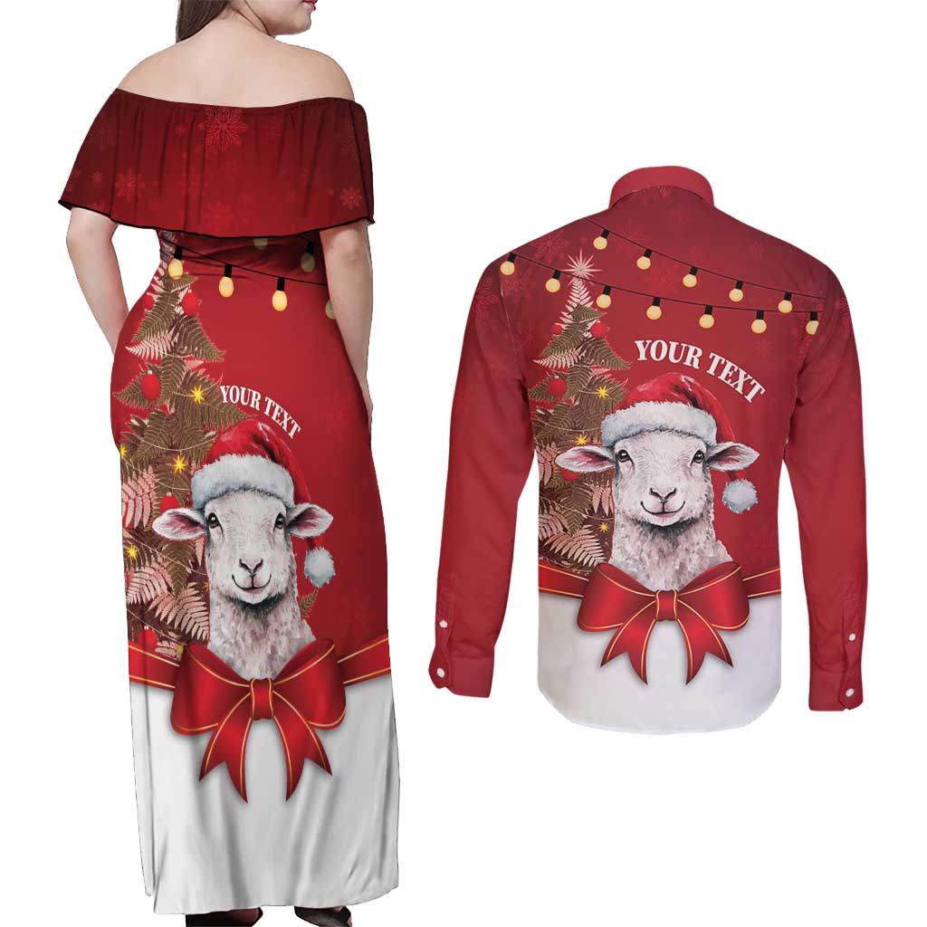Personalized New Zealand Sheep Christmas Couples Matching Off Shoulder Maxi Dress and Long Sleeve Button Shirt Hipi Meri Kirihimete Silver Fern Xmas Tree - Polynesian Pride