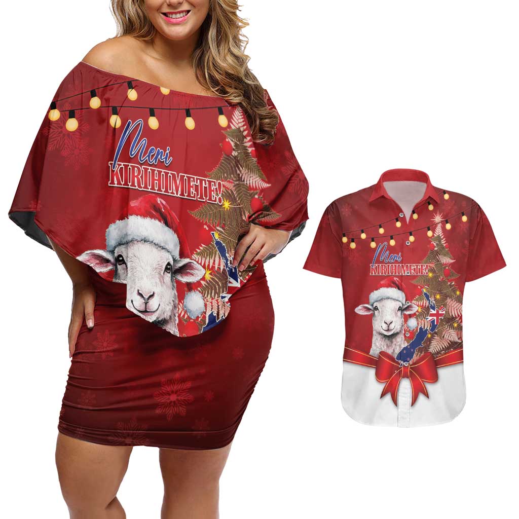 Personalized New Zealand Sheep Christmas Couples Matching Off Shoulder Short Dress and Hawaiian Shirt Hipi Meri Kirihimete Silver Fern Xmas Tree - Polynesian Pride
