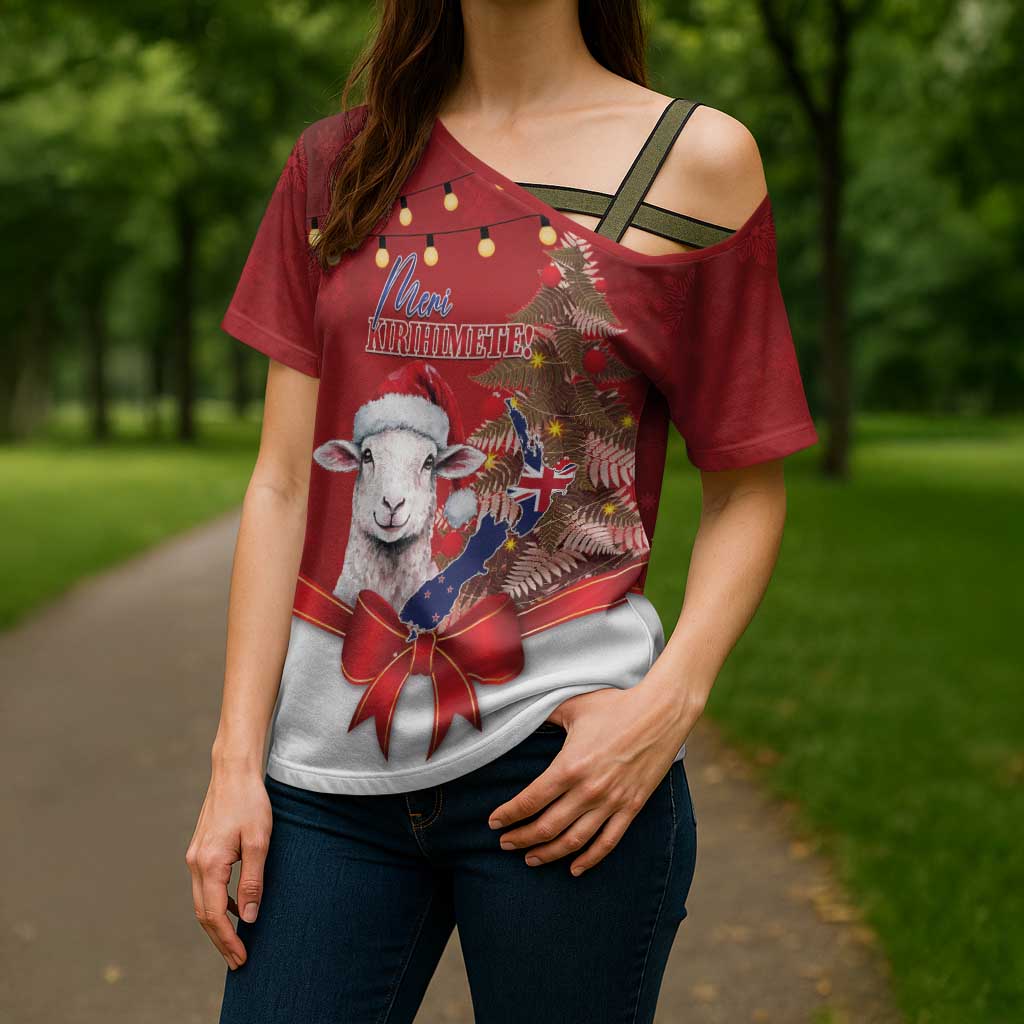 Personalized New Zealand Sheep Christmas Cross Shoulder Shirt Hipi Meri Kirihimete Silver Fern Xmas Tree - Polynesian Pride