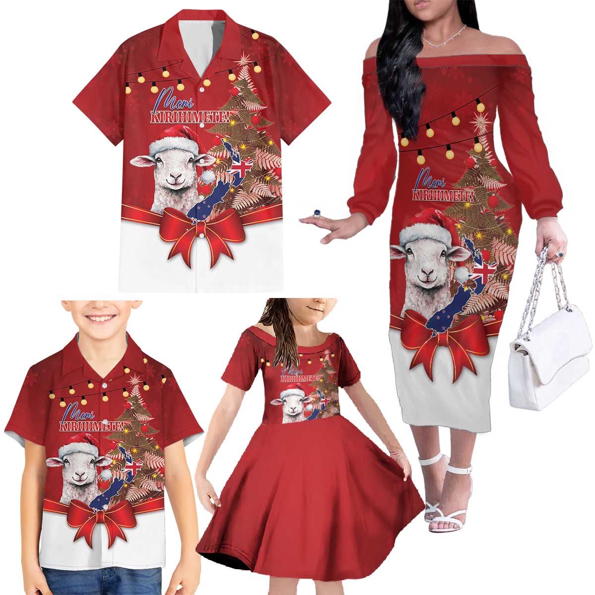 Personalized New Zealand Sheep Christmas Family Matching Off The Shoulder Long Sleeve Dress and Hawaiian Shirt Hipi Meri Kirihimete Silver Fern Xmas Tree - Polynesian Pride