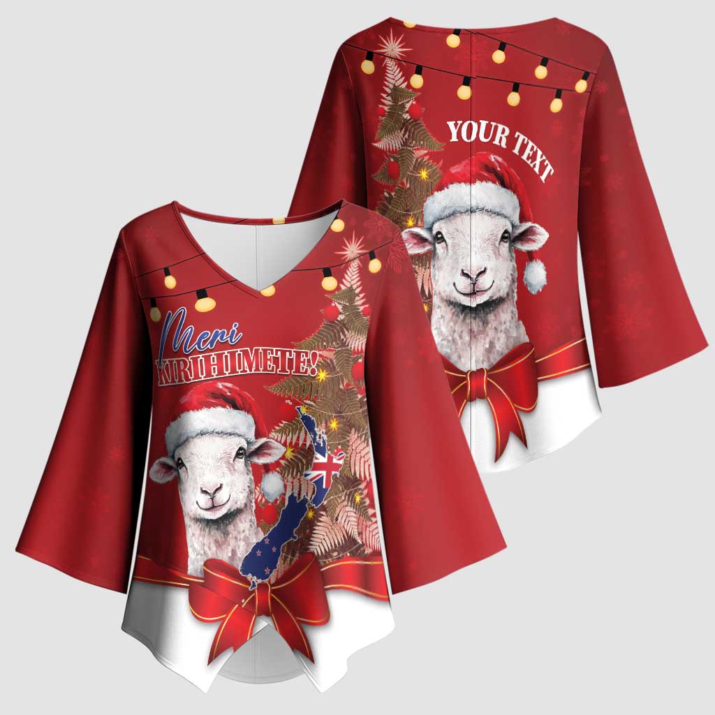 Personalized New Zealand Sheep Christmas Kimono Sleeve Blouse Hipi Meri Kirihimete Silver Fern Xmas Tree - Polynesian Pride