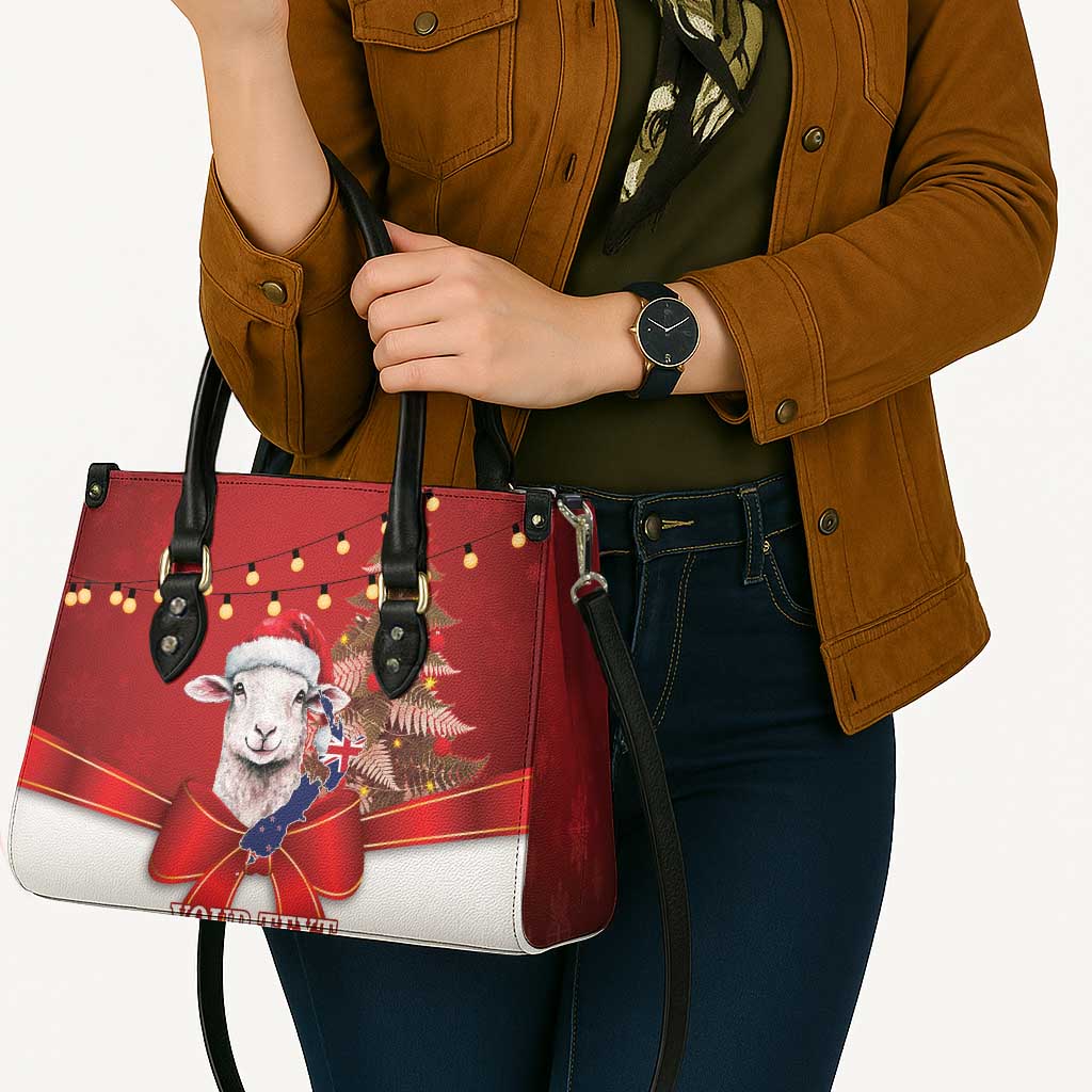 Personalized New Zealand Sheep Christmas Leather Bag Hipi Meri Kirihimete Silver Fern Xmas Tree - Polynesian Pride