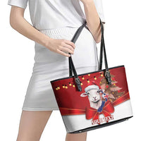 Personalized New Zealand Sheep Christmas Leather Tote Bag Hipi Meri Kirihimete Silver Fern Xmas Tree - Polynesian Pride
