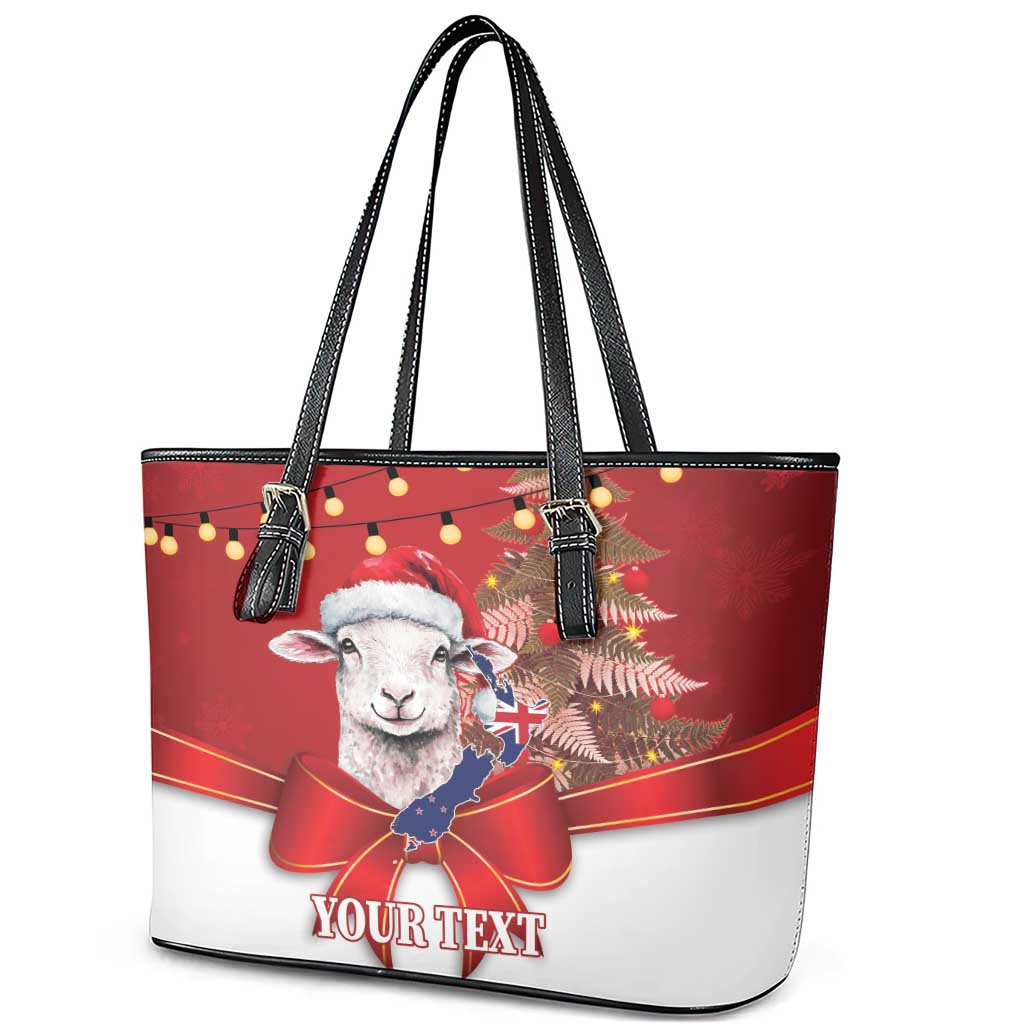 Personalized New Zealand Sheep Christmas Leather Tote Bag Hipi Meri Kirihimete Silver Fern Xmas Tree - Polynesian Pride