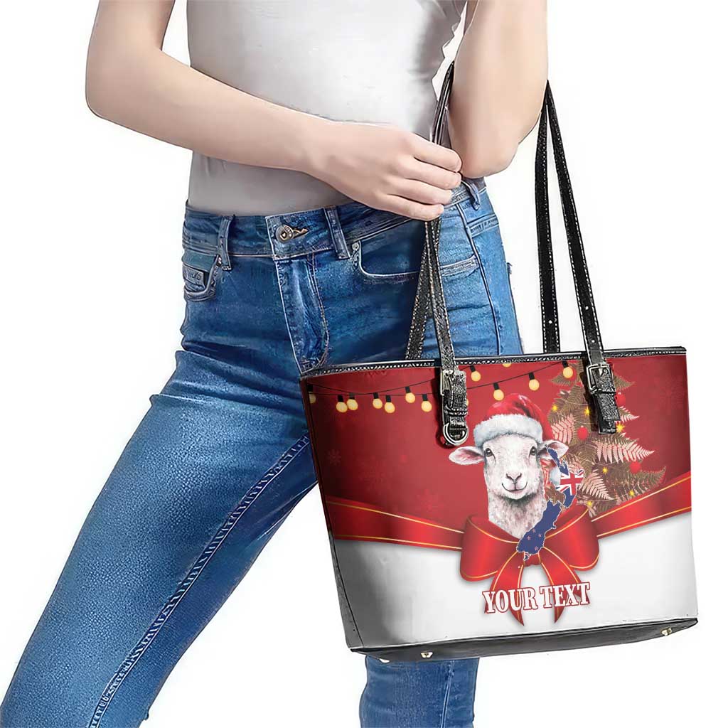 Personalized New Zealand Sheep Christmas Leather Tote Bag Hipi Meri Kirihimete Silver Fern Xmas Tree - Polynesian Pride