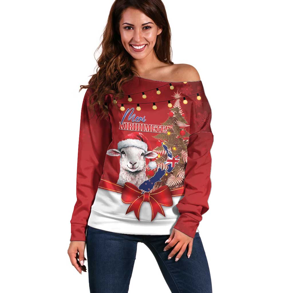 Personalized New Zealand Sheep Christmas Off Shoulder Sweater Hipi Meri Kirihimete Silver Fern Xmas Tree - Polynesian Pride
