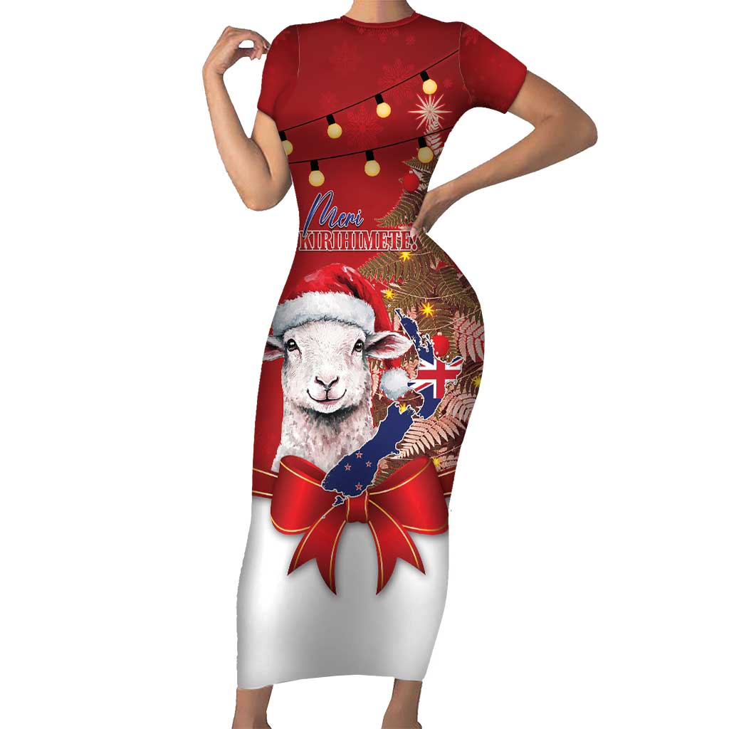Personalized New Zealand Sheep Christmas Short Sleeve Bodycon Dress Hipi Meri Kirihimete Silver Fern Xmas Tree - Polynesian Pride