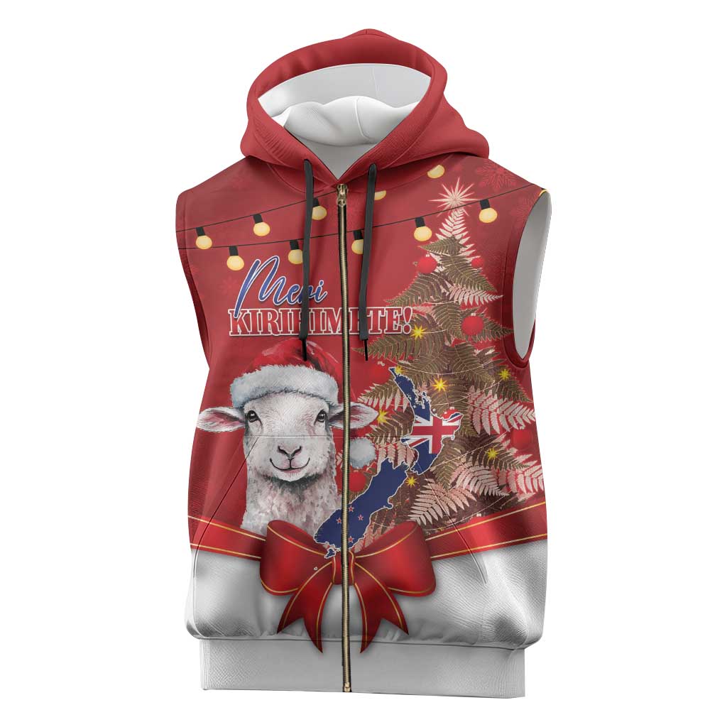Personalized New Zealand Sheep Christmas Sleeveless Zip Hoodie Hipi Meri Kirihimete Silver Fern Xmas Tree - Polynesian Pride