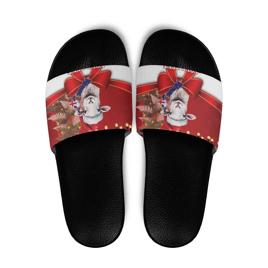 Personalized New Zealand Sheep Christmas Slide Sandals Hipi Meri Kirihimete Silver Fern Xmas Tree - Polynesian Pride