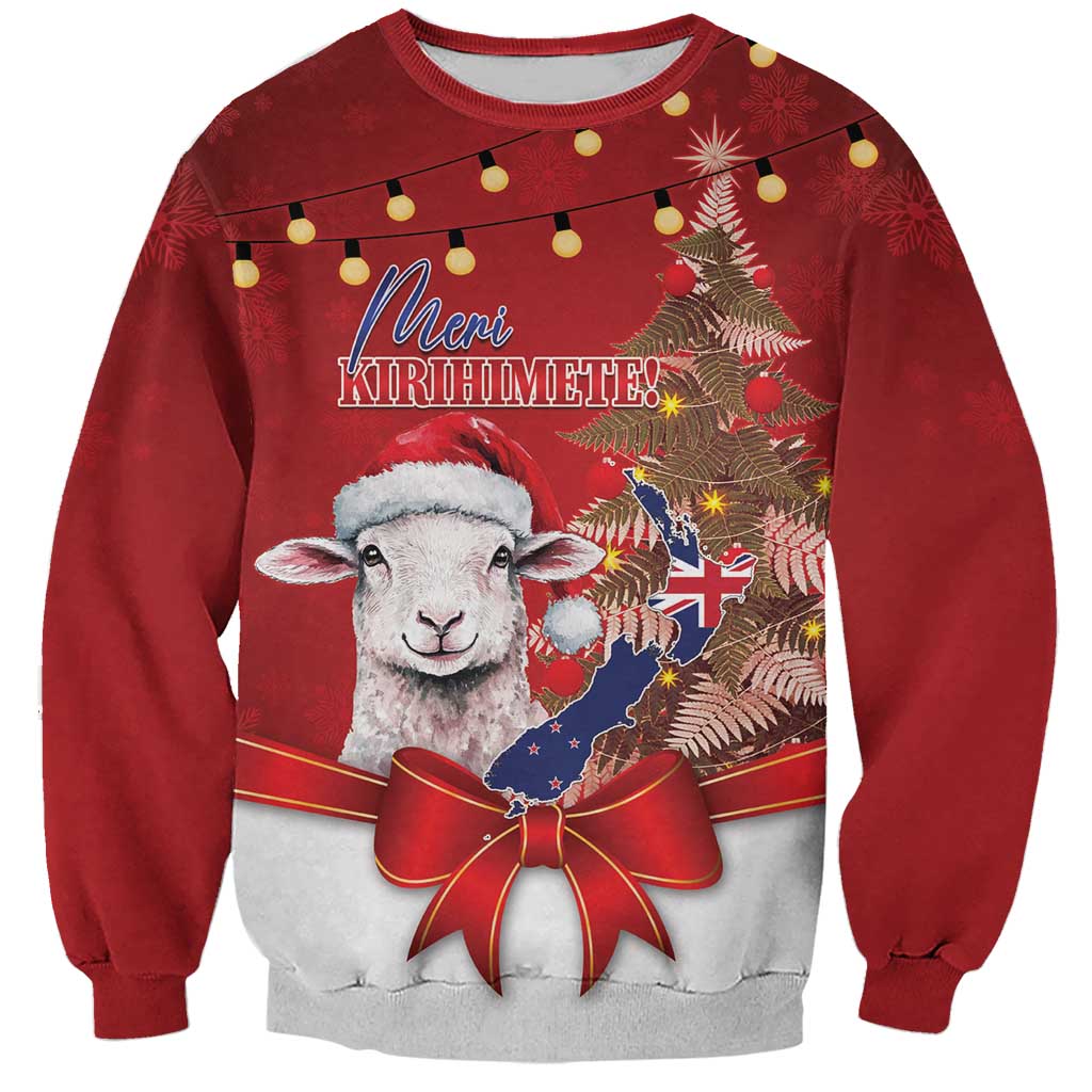 Personalized New Zealand Sheep Christmas Sweatshirt Hipi Meri Kirihimete Silver Fern Xmas Tree - Polynesian Pride