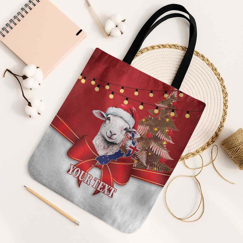 Personalized New Zealand Sheep Christmas Tote Bag Hipi Meri Kirihimete Silver Fern Xmas Tree - Polynesian Pride