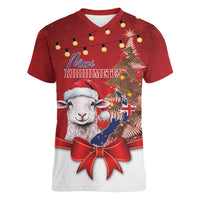 Personalized New Zealand Sheep Christmas Women V-Neck T-Shirt Hipi Meri Kirihimete Silver Fern Xmas Tree - Polynesian Pride