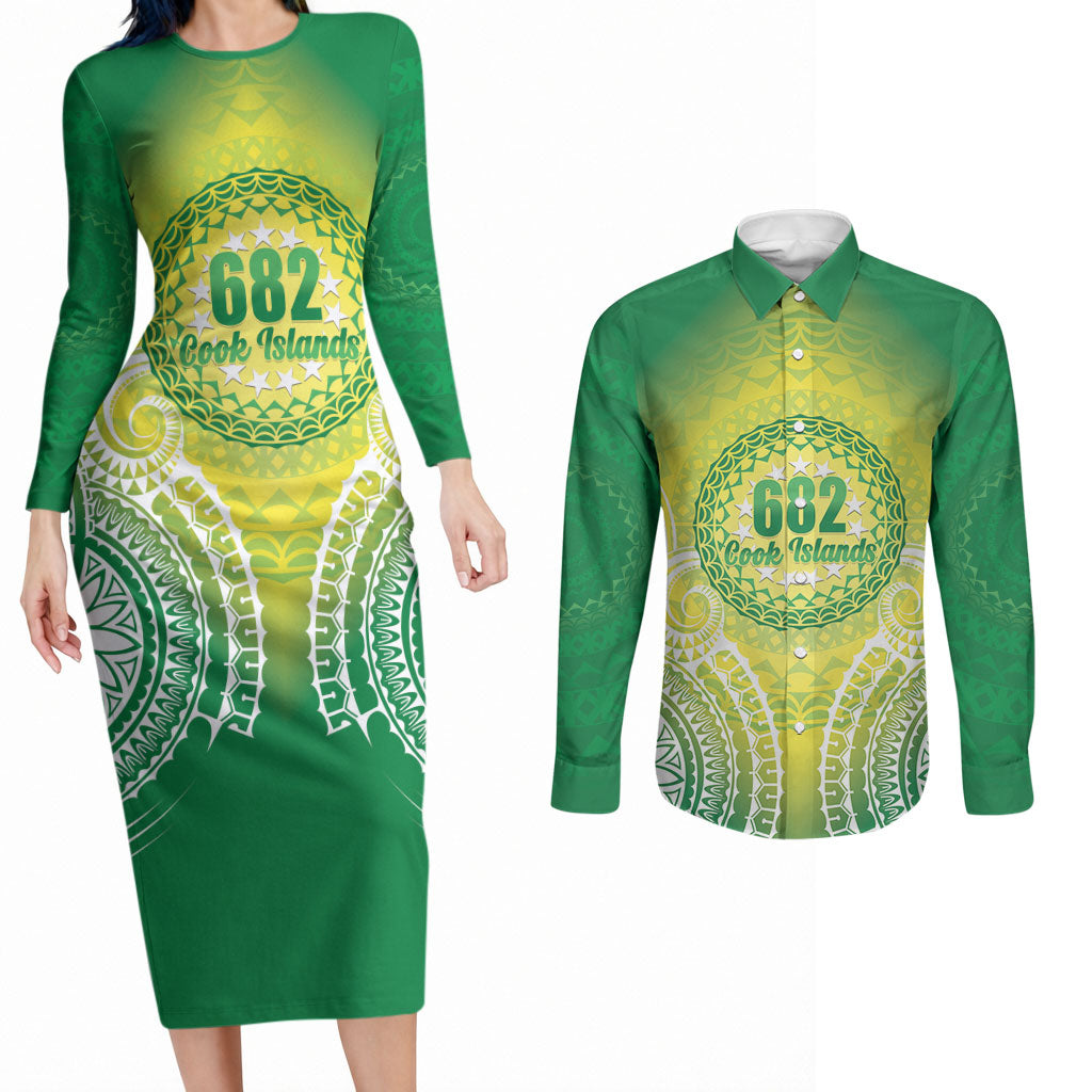 Cook Islands 682 Couples Matching Long Sleeve Bodycon Dress and Long Sleeve Button Shirt Kuki 'Airani Area Code Proud