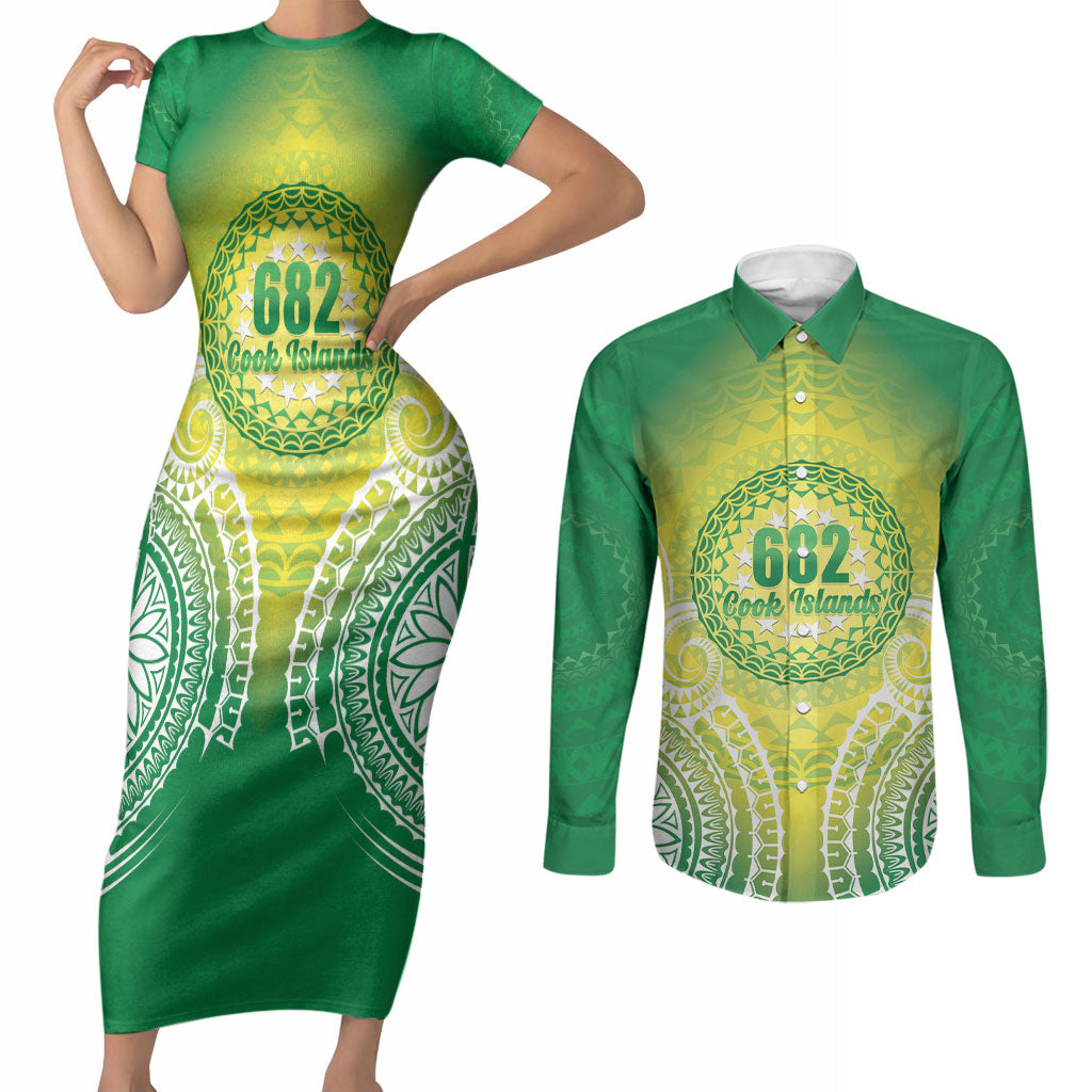 Cook Islands 682 Couples Matching Short Sleeve Bodycon Dress and Long Sleeve Button Shirt Kuki 'Airani Area Code Proud