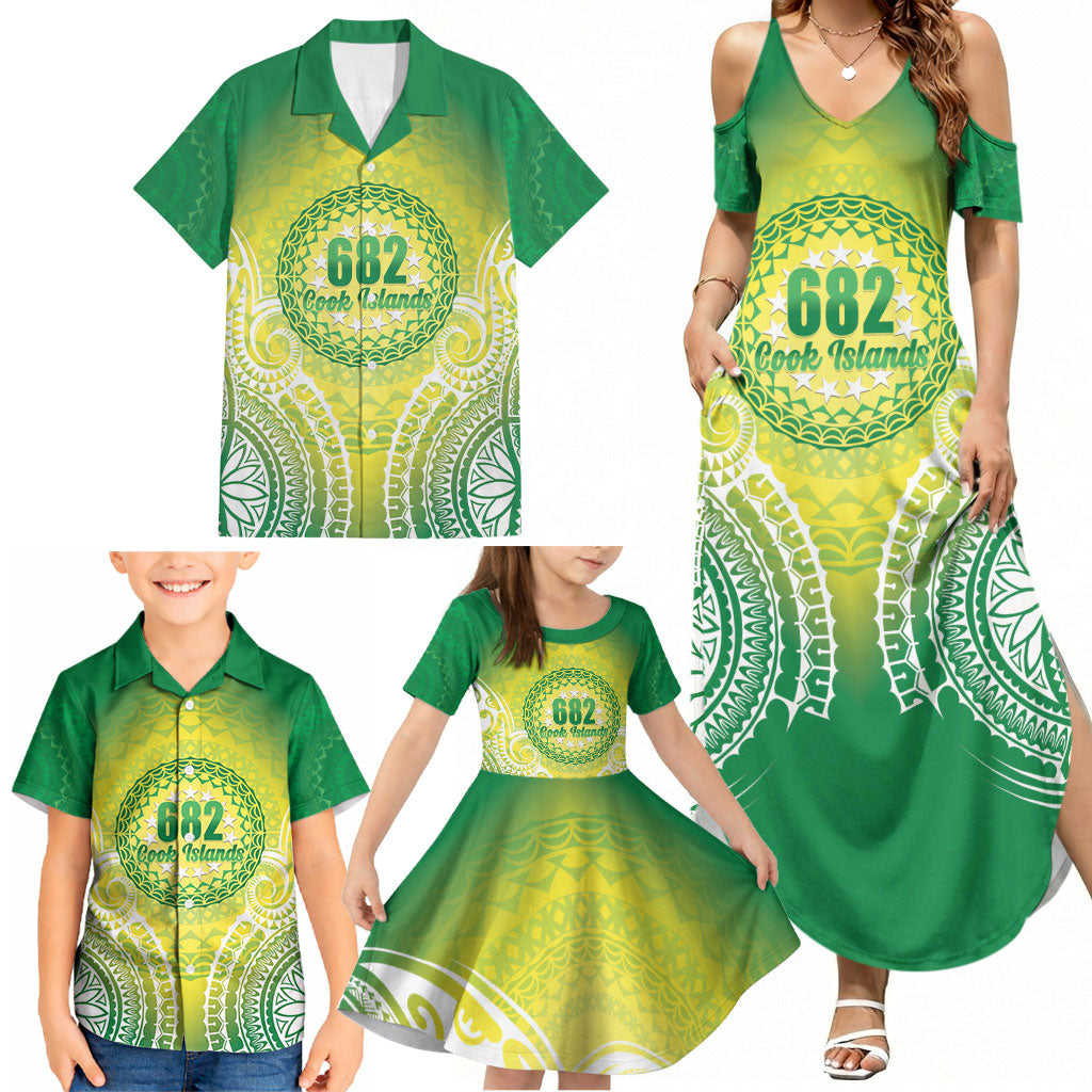 Cook Islands 682 Family Matching Summer Maxi Dress and Hawaiian Shirt Kuki 'Airani Area Code Proud