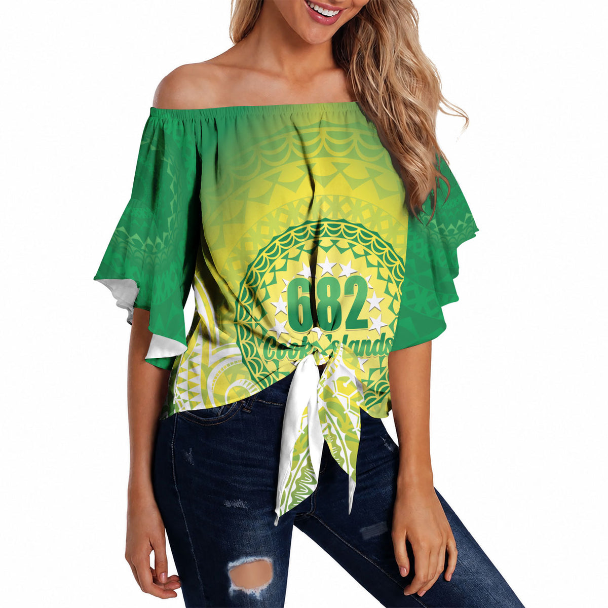 Cook Islands 682 Off Shoulder Wrap Waist Top Kuki 'Airani Area Code Proud