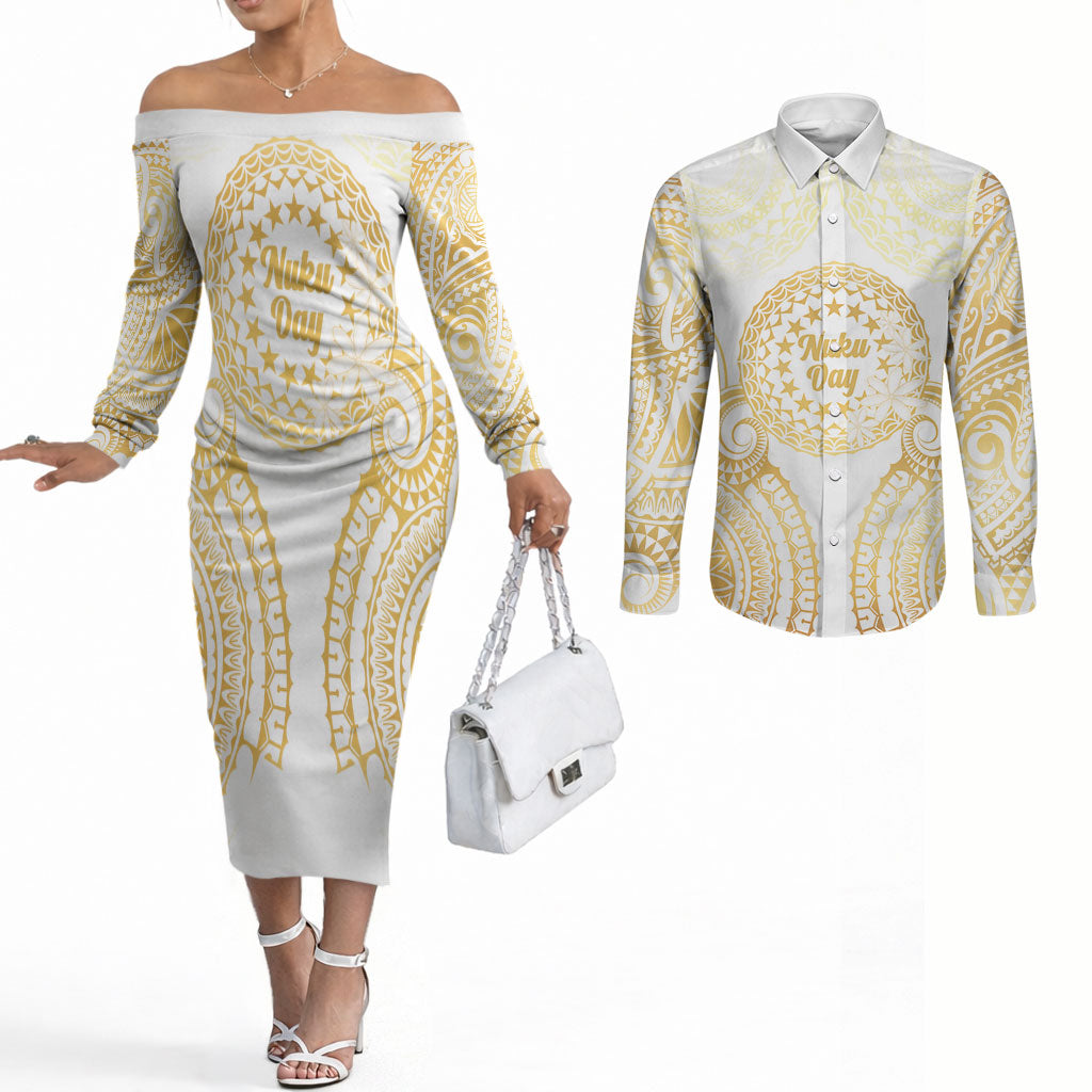 Cook Islands Gospel Day Couples Matching Off The Shoulder Long Sleeve Dress and Long Sleeve Button Shirt Happy Nuku Day Tiare Maori Gold LT14 Gold - Polynesian Pride