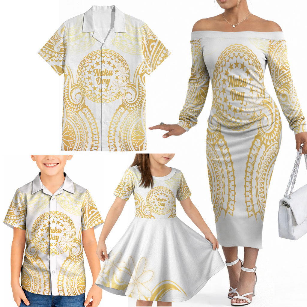 Cook Islands Gospel Day Family Matching Off The Shoulder Long Sleeve Dress and Hawaiian Shirt Happy Nuku Day Tiare Maori Gold