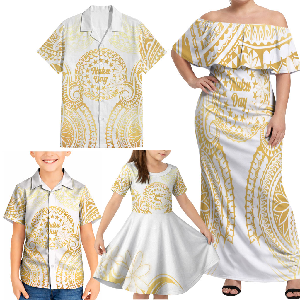 Cook Islands Gospel Day Family Matching Off Shoulder Maxi Dress and Hawaiian Shirt Happy Nuku Day Tiare Maori Gold