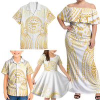 Cook Islands Gospel Day Family Matching Off Shoulder Maxi Dress and Hawaiian Shirt Happy Nuku Day Tiare Maori Gold