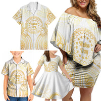 Cook Islands Gospel Day Family Matching Off Shoulder Short Dress and Hawaiian Shirt Happy Nuku Day Tiare Maori Gold