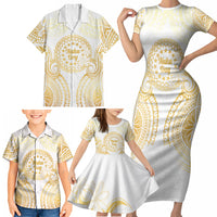 Cook Islands Gospel Day Family Matching Short Sleeve Bodycon Dress and Hawaiian Shirt Happy Nuku Day Tiare Maori Gold